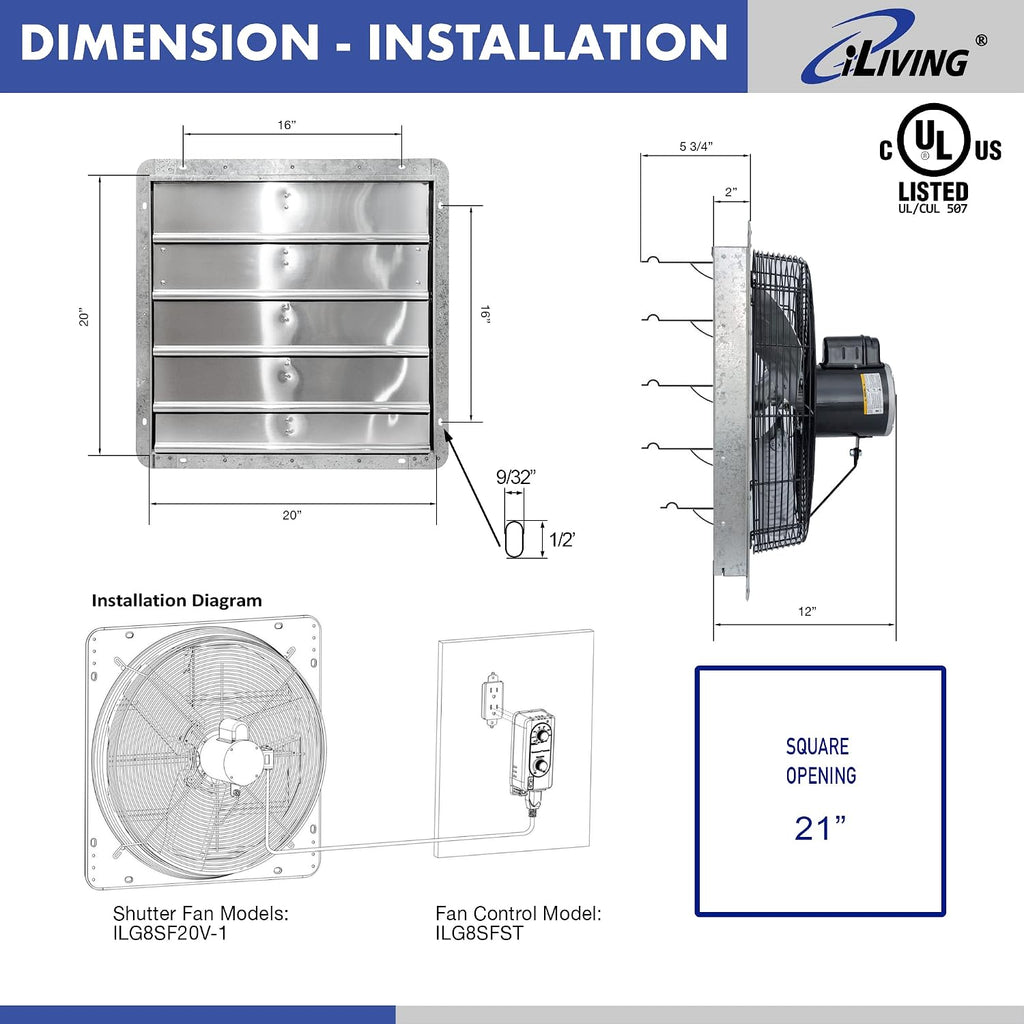 iLIVING 20" Wall Mounted Shutter Exhaust Fan, Automatic Shutter, with Thermostat and Variable Speed controller, 2.2A, 3368 CFM, 5000 SQF Coverage Area Silver (ILG8SF20V-ST)