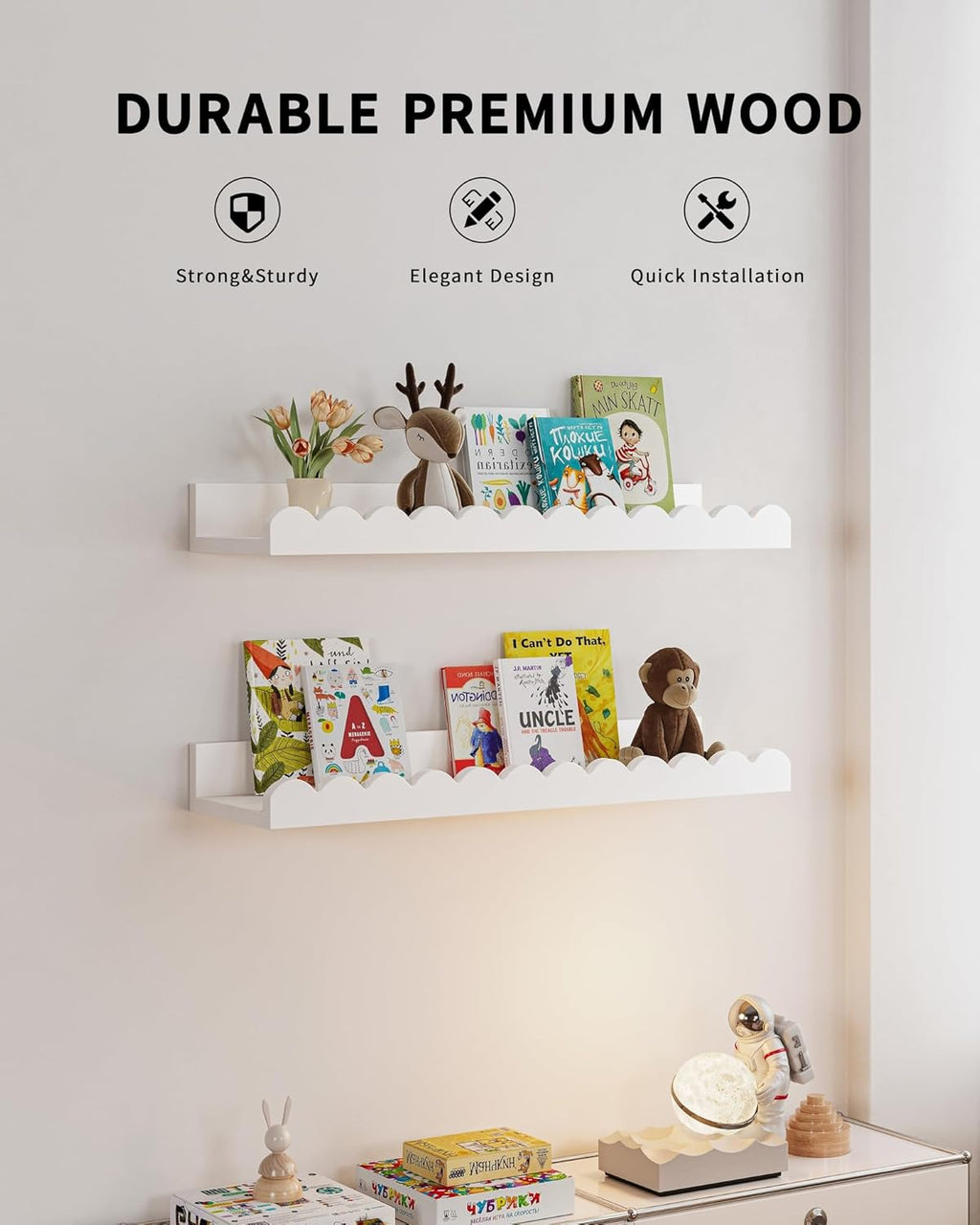 Nursery Book Shelves, 4-Pack White Floating Shelves for Wall Kids, Scalloped Shelves, Wall Book Shelves for Bedroom