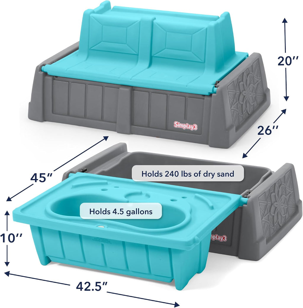 Sand and Water Kids Bench, 2-in-1 Sand and Water Table with Outdoor Storage Bench, Gray and Teal