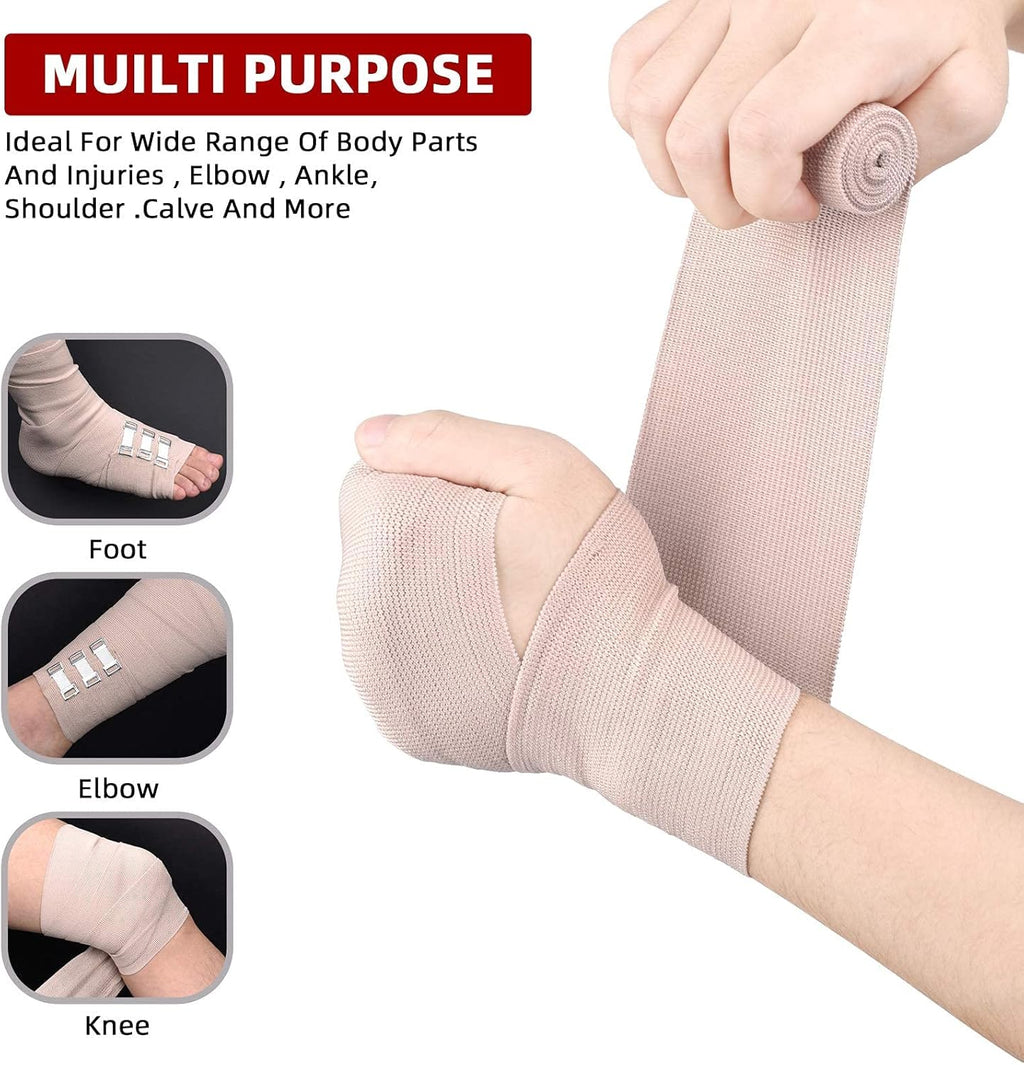 Elastic Bandage Wrap 4 Pack(2 X 3 + 2 X 4 Wide Rolls) + 24 Clips | Stretch Compression Bandage Stretches up to 15ft |