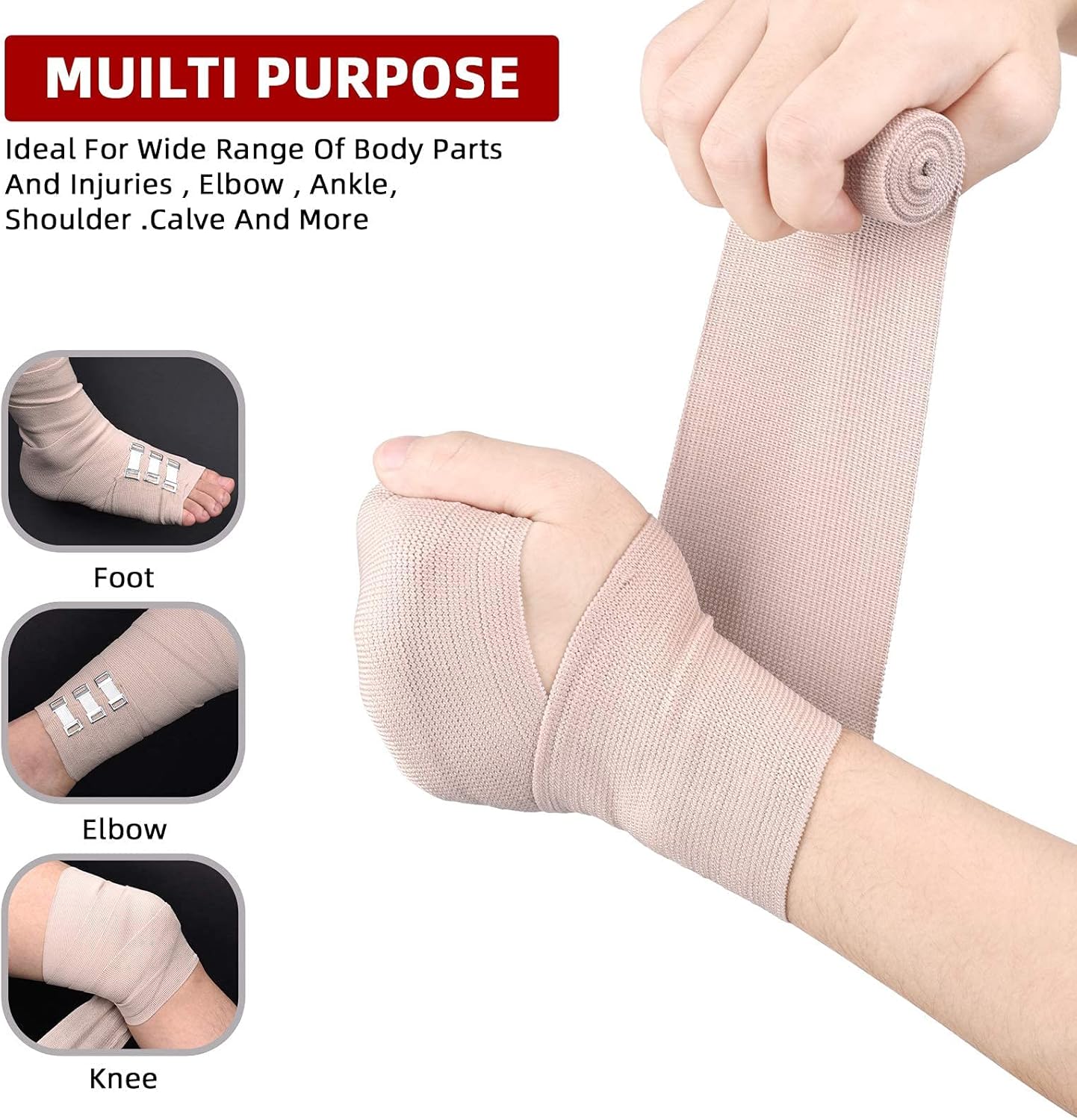 Elastic Bandage Wrap 4 Pack(2 X 3 + 2 X 4 Wide Rolls) + 24 Clips | Stretch Compression Bandage Stretches up to 15ft |