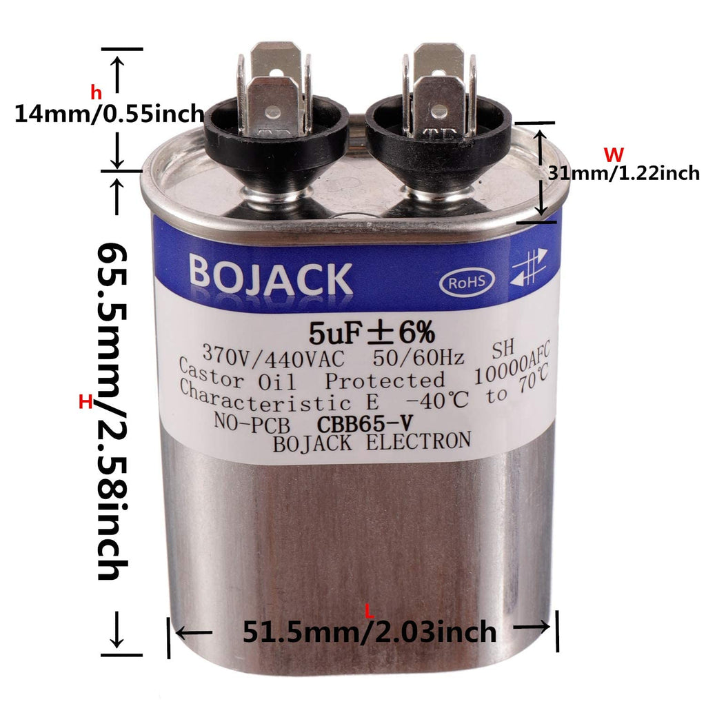 BOJACK 5 uF ±6% 5 MFD 370V/440V CBB65 Oval Run Start Capacitor for AC Motor Run or Fan Start and Cool or Heat Pump Air Conditione