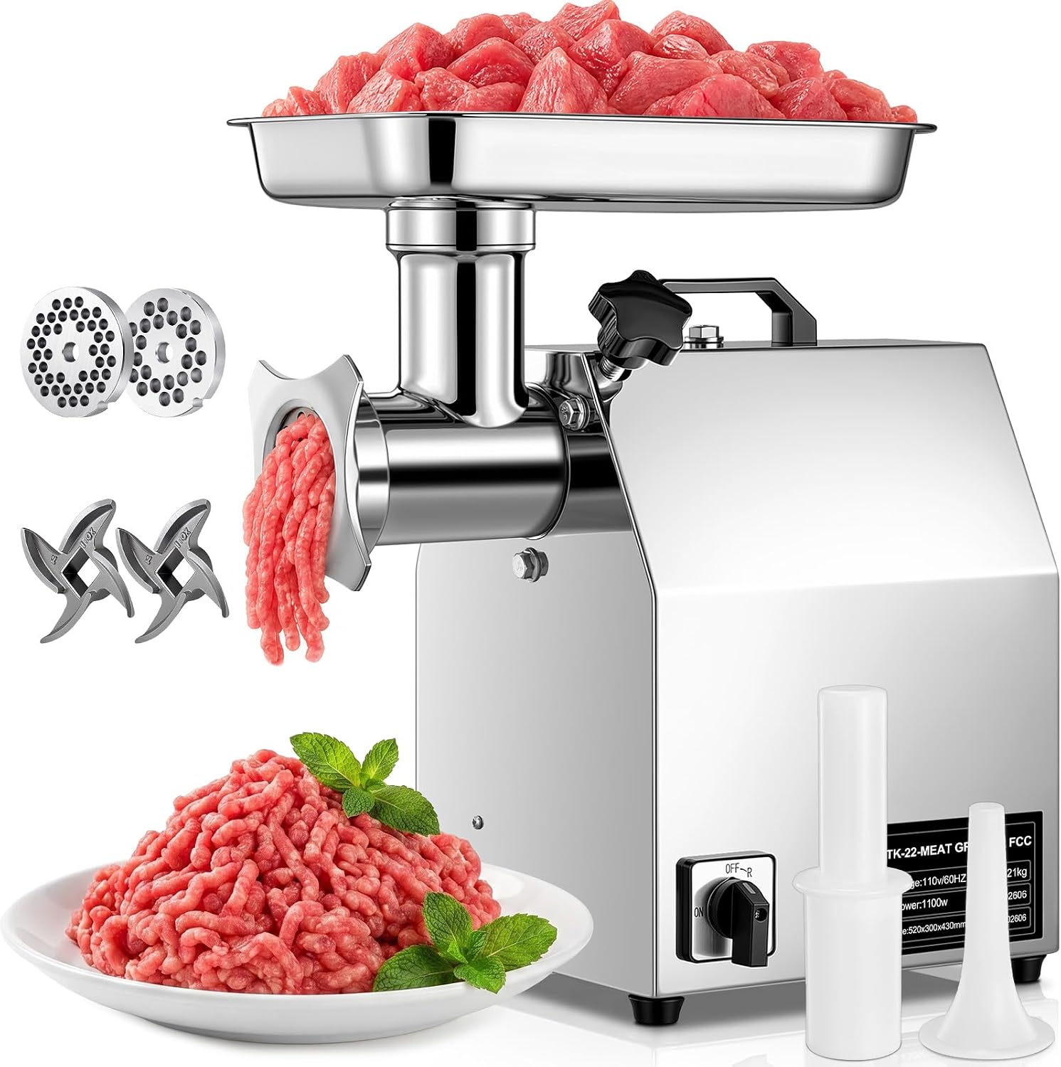 #22 Commercial Meat Grinder,1100 LB/H (19 LBS/Min),1.2HP Heavy-Duty Industrial Grinding Machine with Sausage Stuffing
