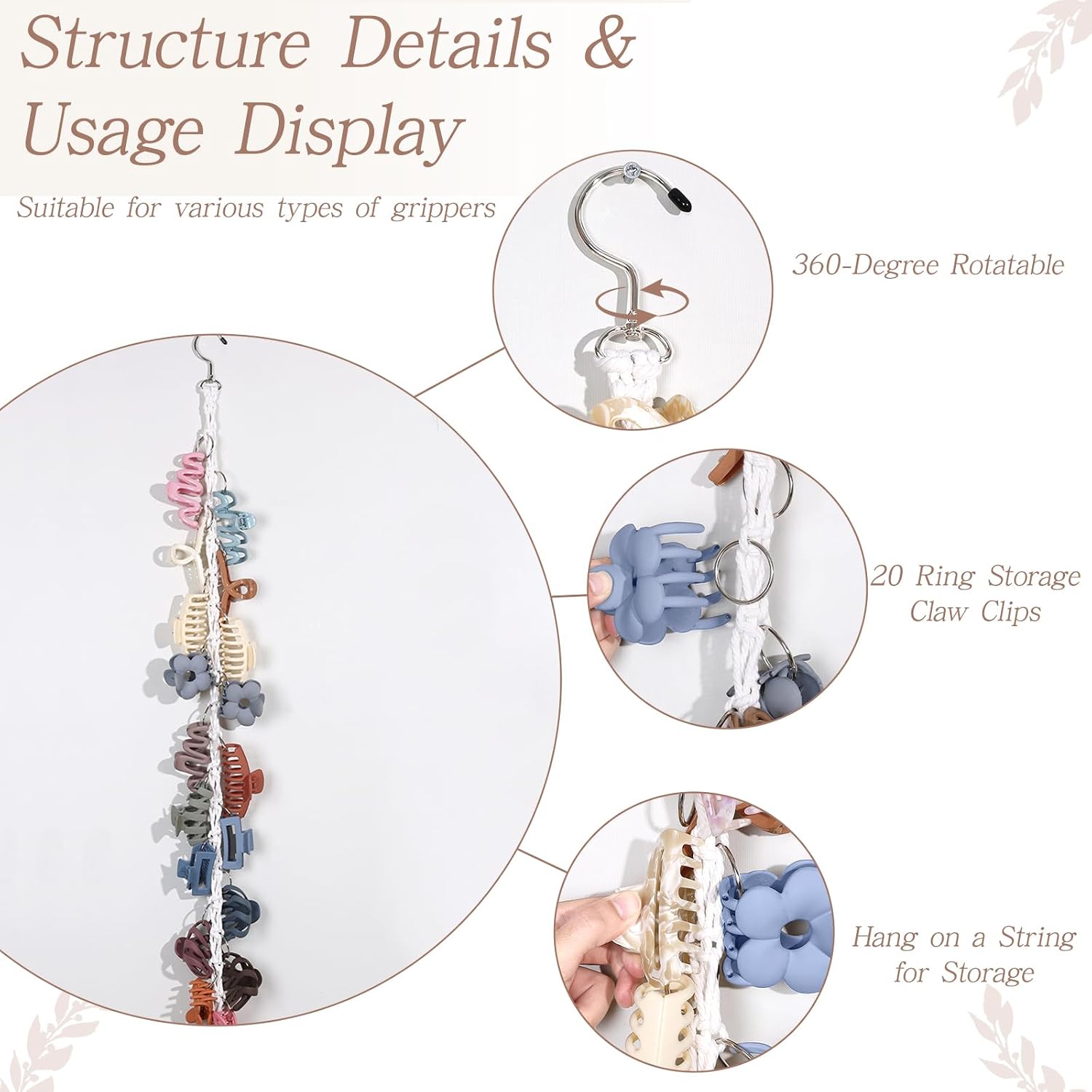 Macrame Hair Claw Clip Organizer with Rotating Hook and 20 Metal Rings,Hanging Hair Clip Holder and Storage for Women
