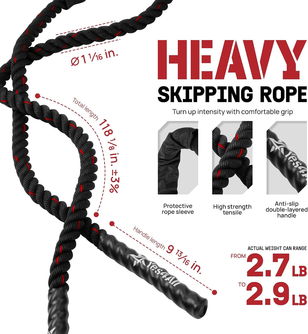 Weighted Jump Rope, 2.8LB Heavy Skipping Rope with Anti-Slip Double Layer Handle & Protective Sleeve for Fitness