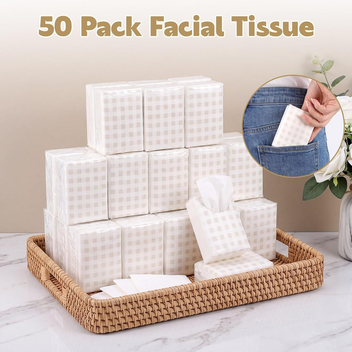 50 Pack Pocket Tissues, 3 Ply Ivory Gingham Travel Tissues