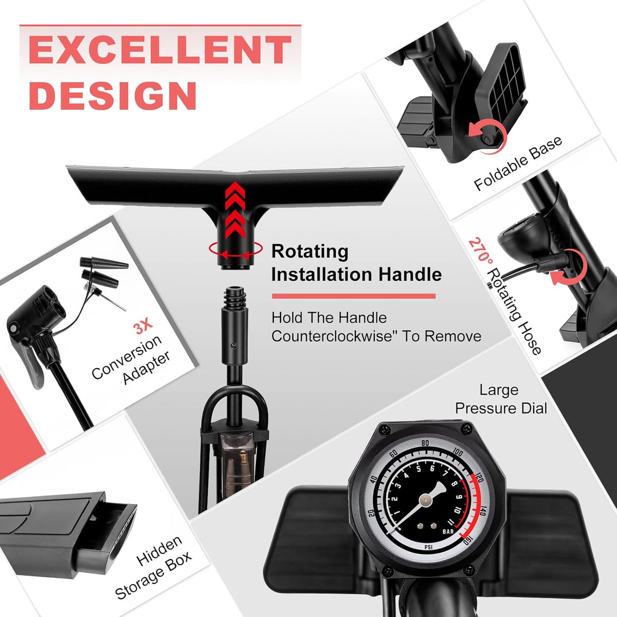 Bike Floor Pump with 160 PSI High Pressure Gauge - Full Size