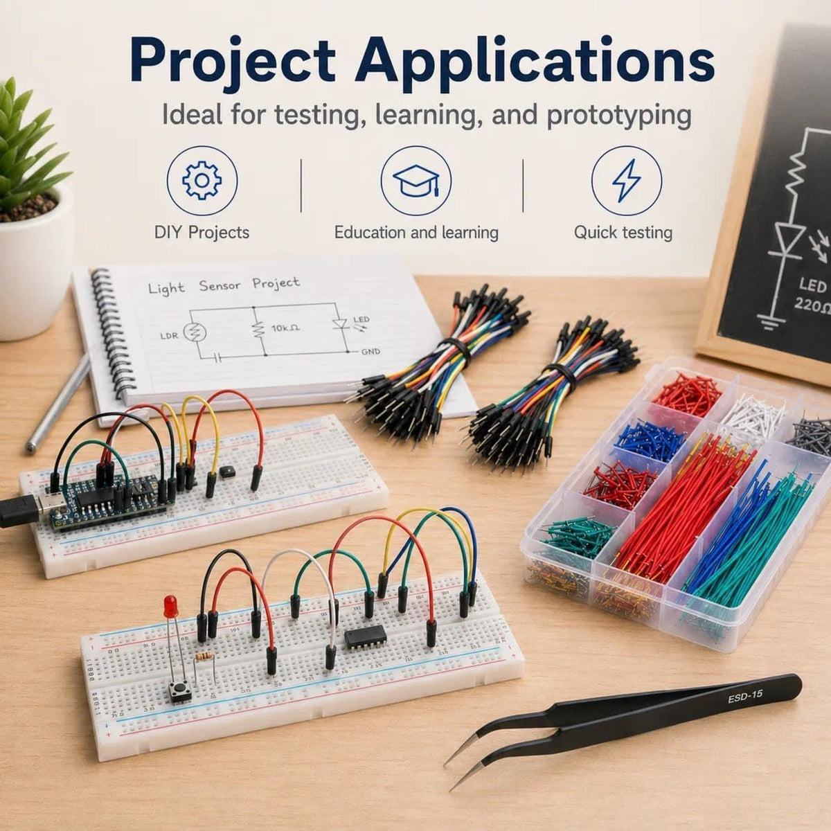 4 Breadboard Kit 970 Jumper Wires with Tweezers for Electronics Projects