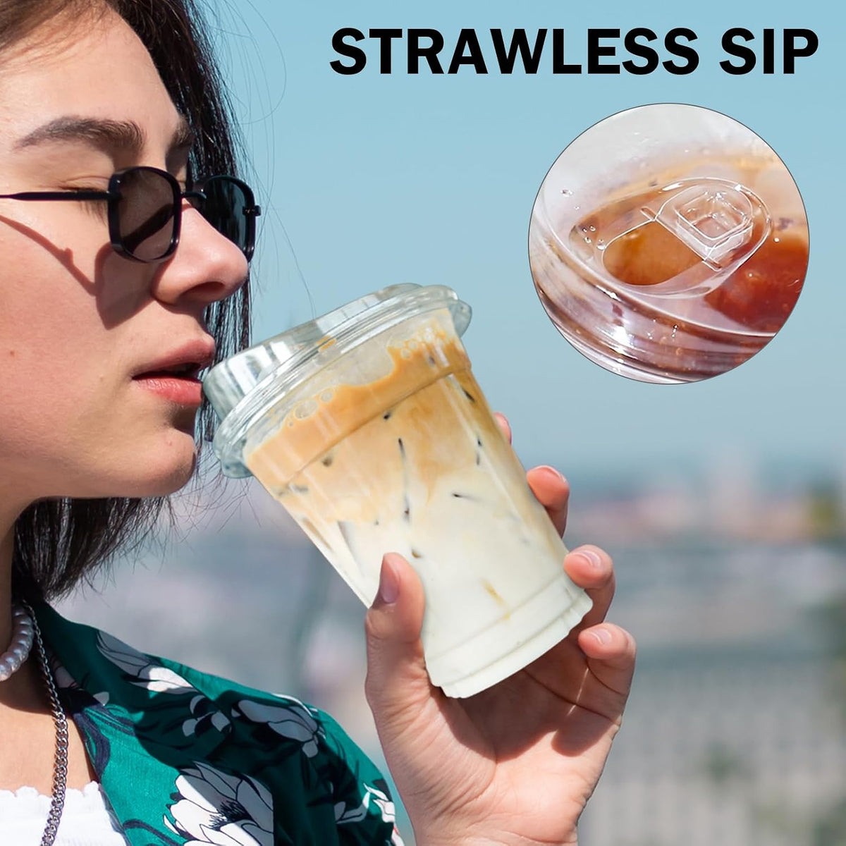 100 Pack 16 oz Clear Plastic Cups with Sip Lids, Iced Coffee Cups