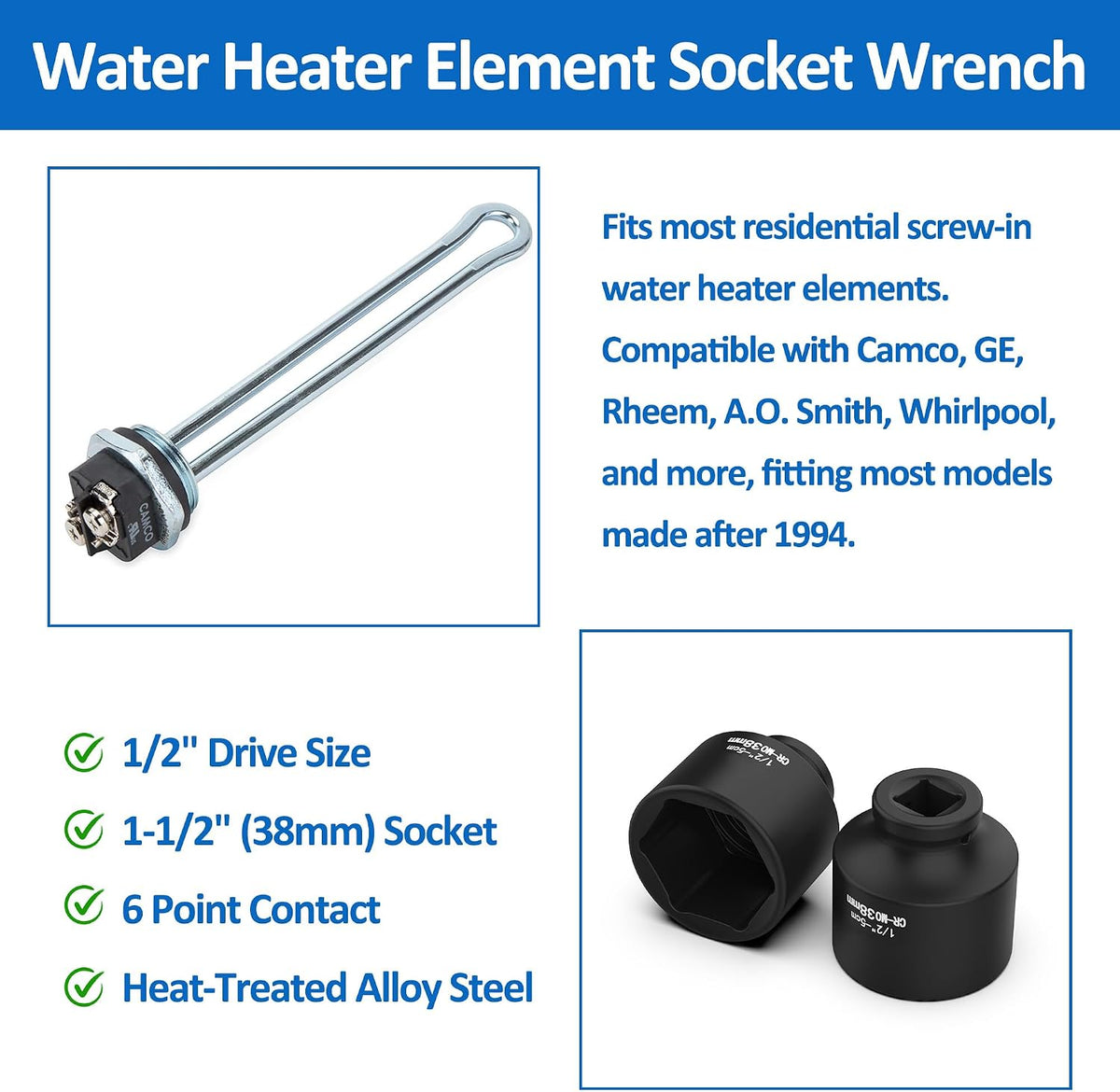 1-1/2 Inch Water Heater Element Socket for Element Replacement