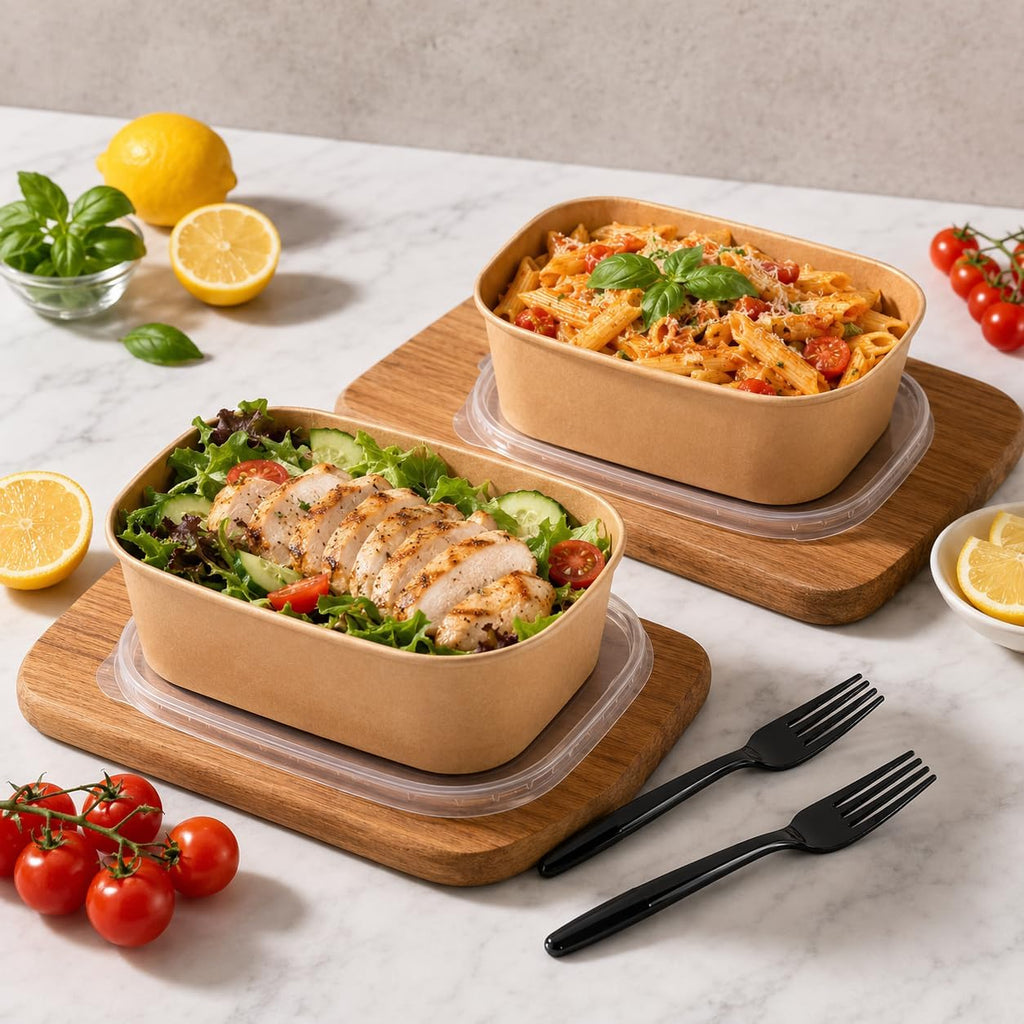 50 Disposable Meal Prep Containers 29oz Kraft Paper Bowls with Lids & Forks
