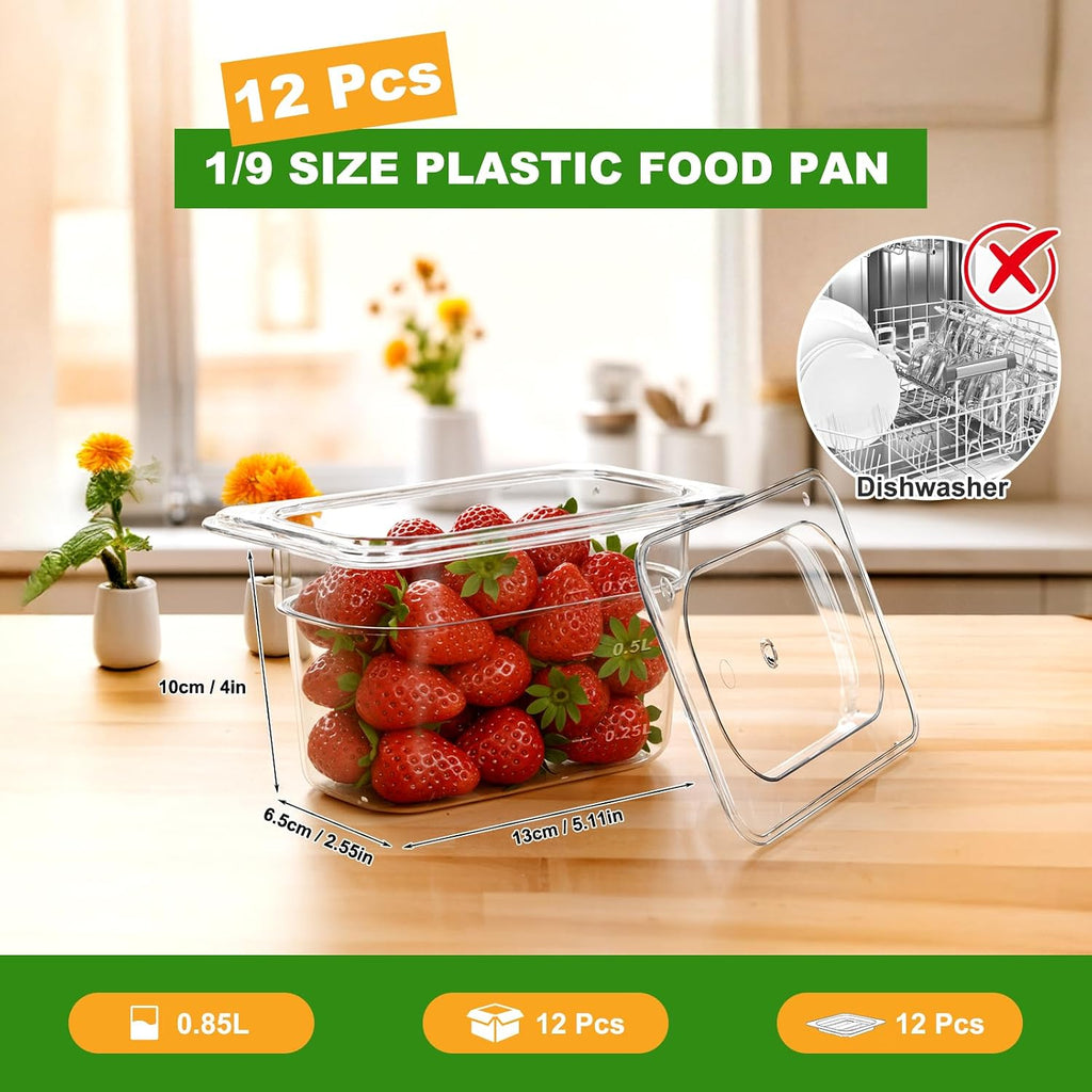 12-Pack 1/9 Size 4''Deep NSF Polycarbonate Food Pans with Lids