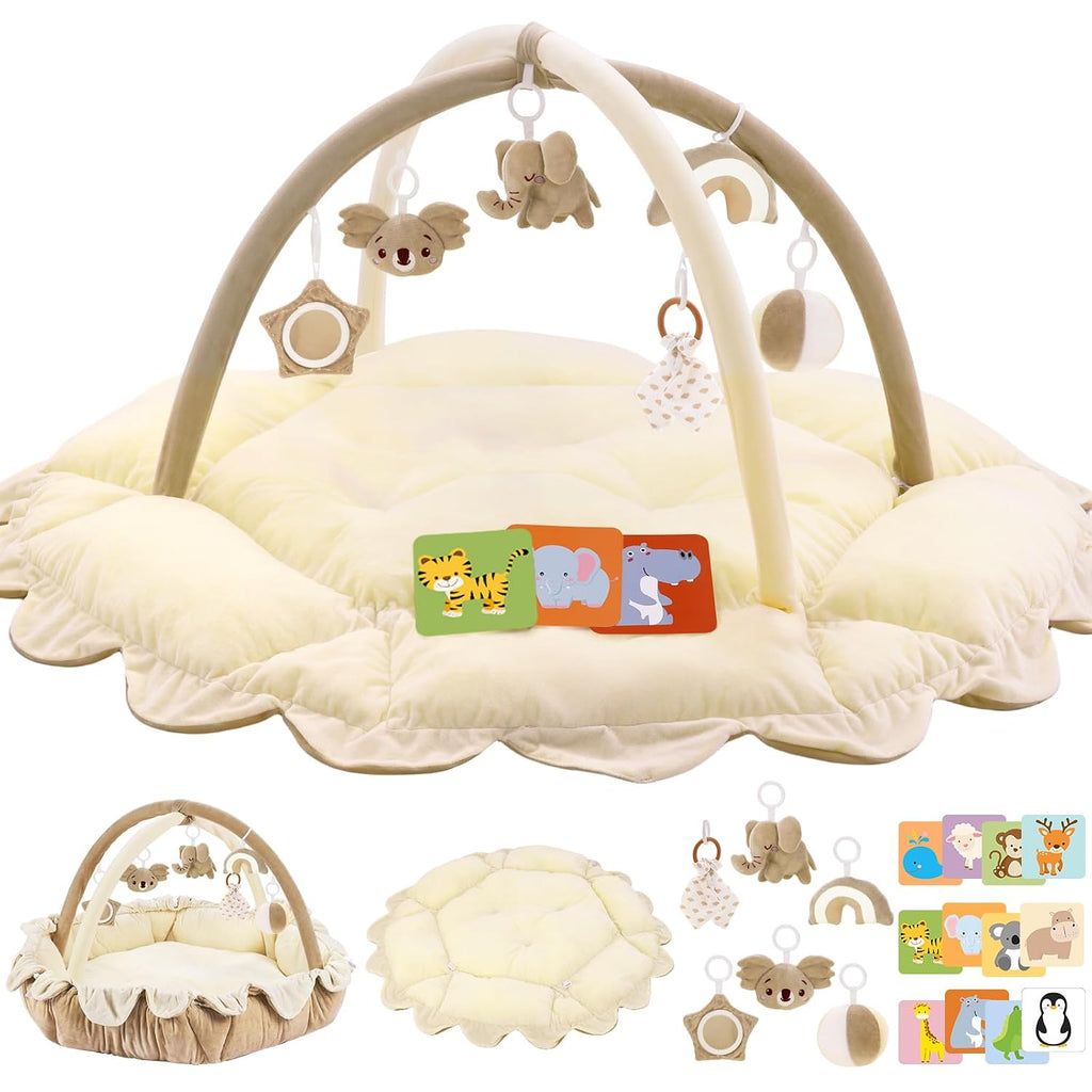 5-in-1 Plush Baby Play Gym, Activity Mat with Convertible Gym, Baby Gym 6 Sensory Toys, Play Center for Newborn to