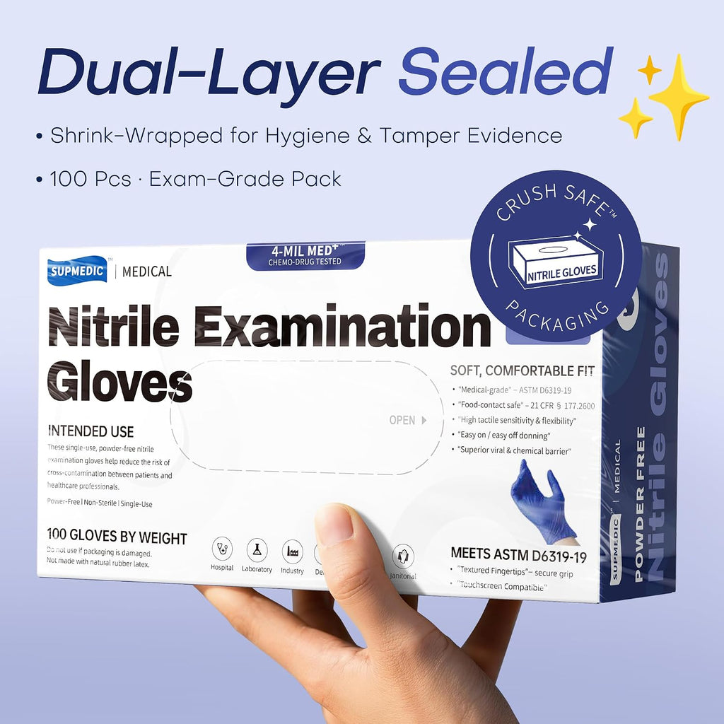Nitrile Exam Gloves, 4 Mil MED+ Powder-Free Latex-Free Cooking Food-Safe Disposable Medical Gloves Blue Violet 100Ct