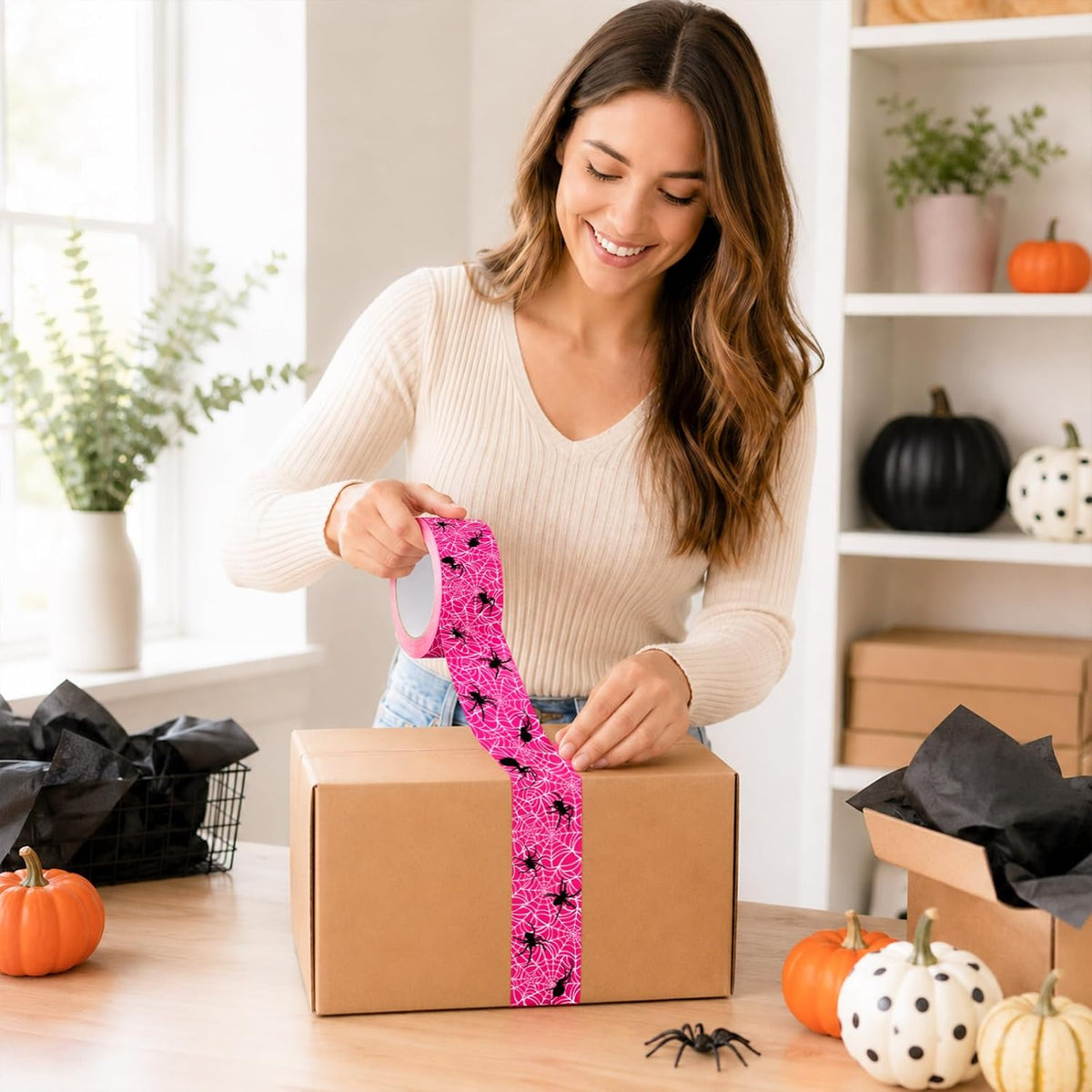 Halloween Packing Tape, Hot Pink Spider Web, 109 Yard