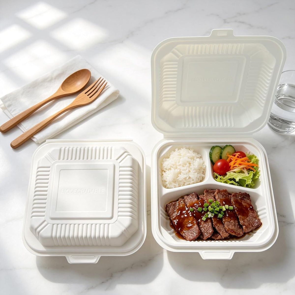 100 Pack 8 x 8 Inch 3 Compartment To Go Food Containers, Waterproof Leak-Resistant Clamshell Takeout Containers
