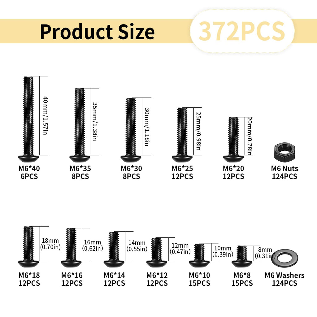 372 Pcs M6 Machine Screw Assortment Kit, M6 Metric Bolts and Nuts Assortment, Assorted Hex Socket Button Head Cap