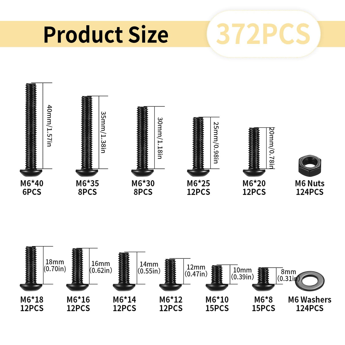 372 Pcs M6 Machine Screw Assortment Kit, M6 Metric Bolts and Nuts Assortment, Assorted Hex Socket Button Head Cap