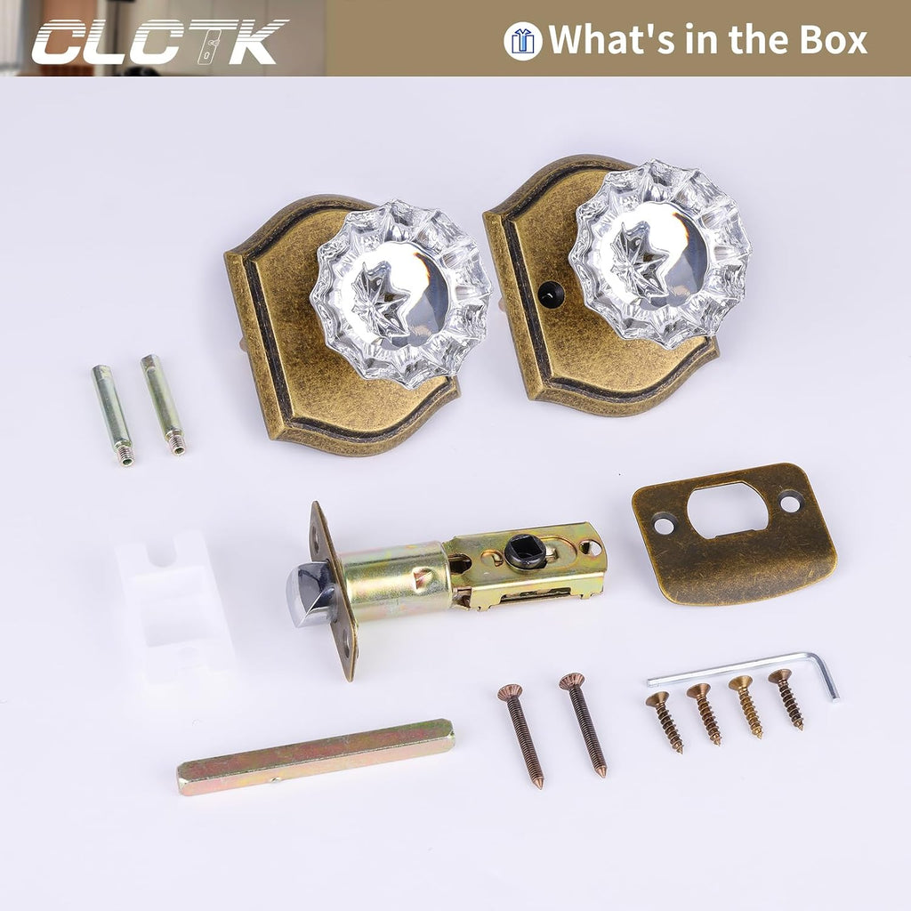 Crystal Glass Passage Door Knob and Single Cylinder Deadbolt Combo Set, Antique Brass Finish, Keyed Alike