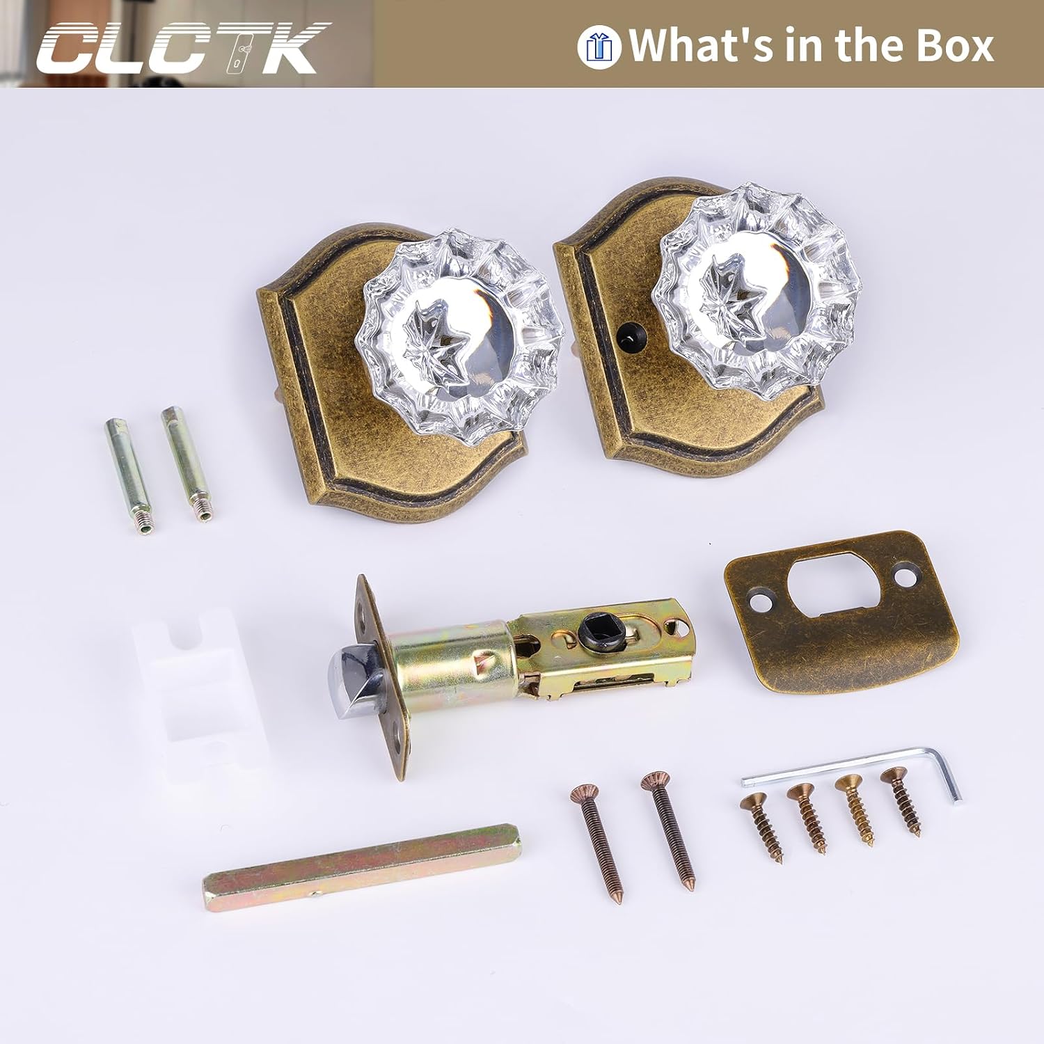 Crystal Glass Passage Door Knob and Single Cylinder Deadbolt Combo Set, Antique Brass Finish, Keyed Alike
