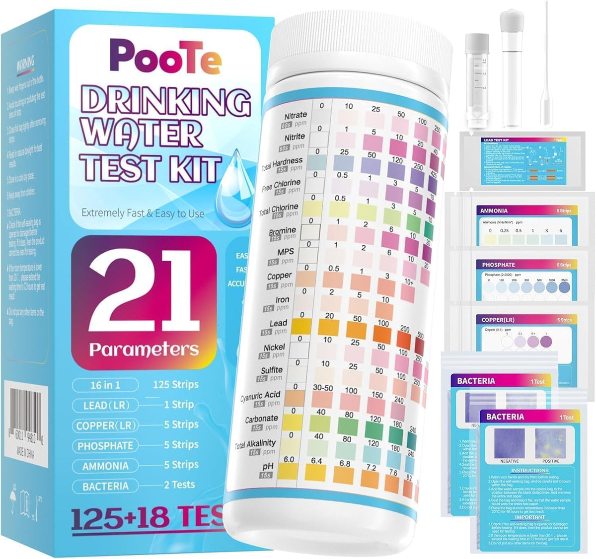 21in1 Water Test Kit, 143 Strips Drinking Water Test Kit, 2 Bacteria Tests