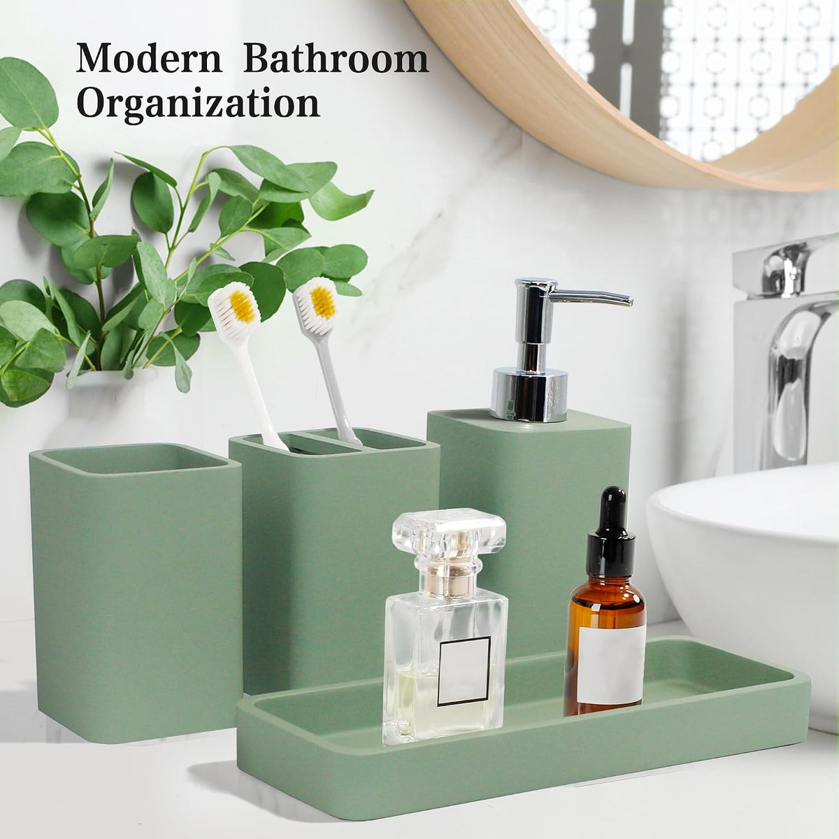 Bathroom Accessories Set, 4 Piece Toothbrush Holder Set - Green | Bathroom Accessory Set with Soap Dispenser