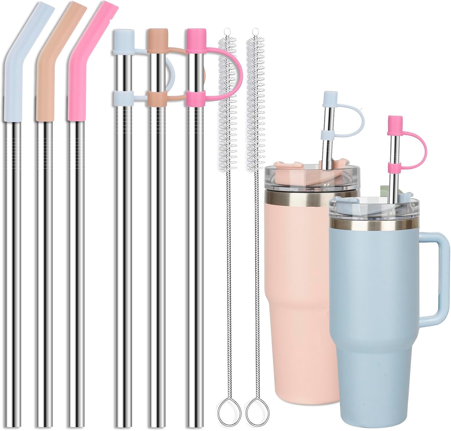 12" Stainless Steel Straws with Covers fit Stanl-ey 40 oz tumbler | Wide Straw Replacement with Silicone Tips & Cover