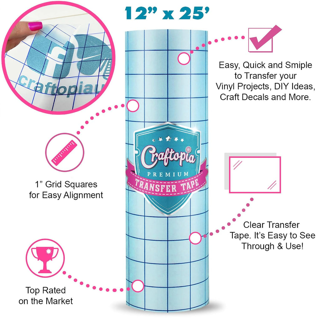 Vinyl Transfer Tape Roll (12-in x 25-FT) Clear w/Blue Grid (Made in USA)