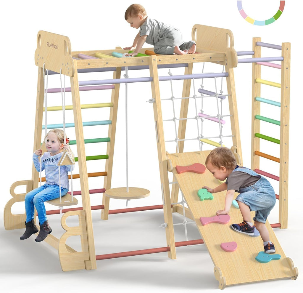 Upgraded Indoor Jungle Gym 9-in-1 Playground Kids Climbing Toys, Waldorf Style Wooden Climber Playset with Slide