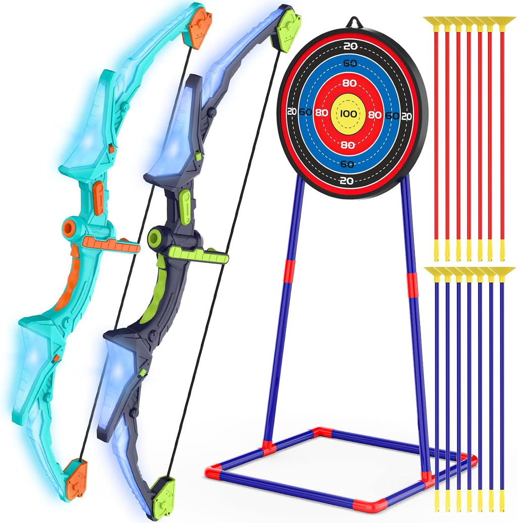 2 Pack Kids Bow and Arrow Set with LED Flash Lights, 14 Suction Cup Arrows and Fluorescence Standing Target-Perfect