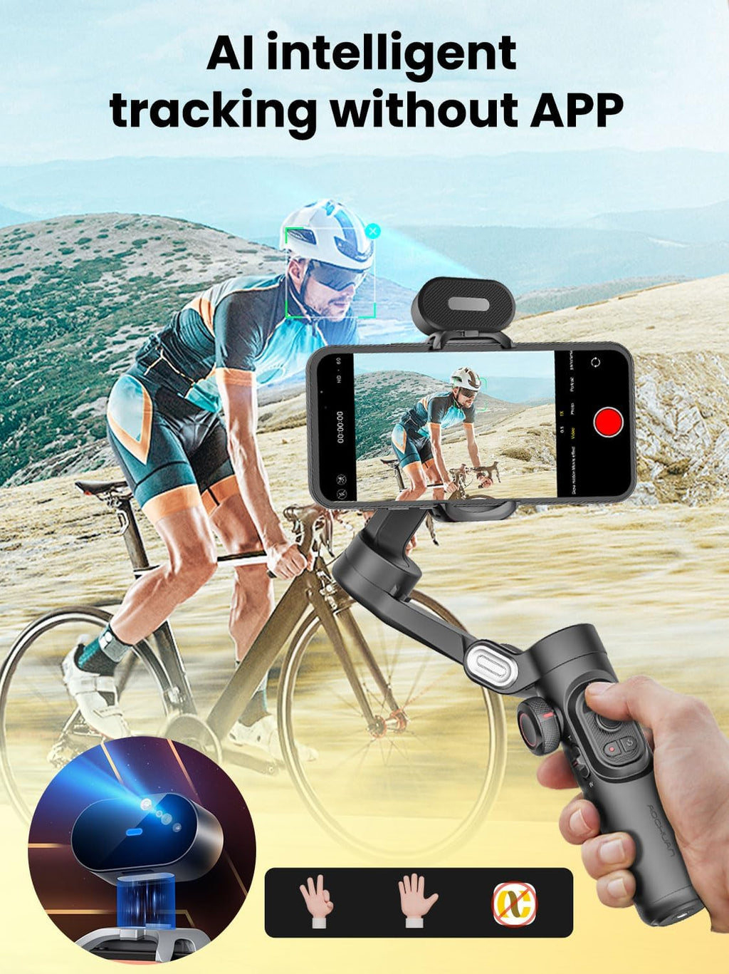 XE AI Gimbal Stabilizer for Smartphone, No App AI Tracking | 3-axis foldable phone gimbal for iPhone, gesture