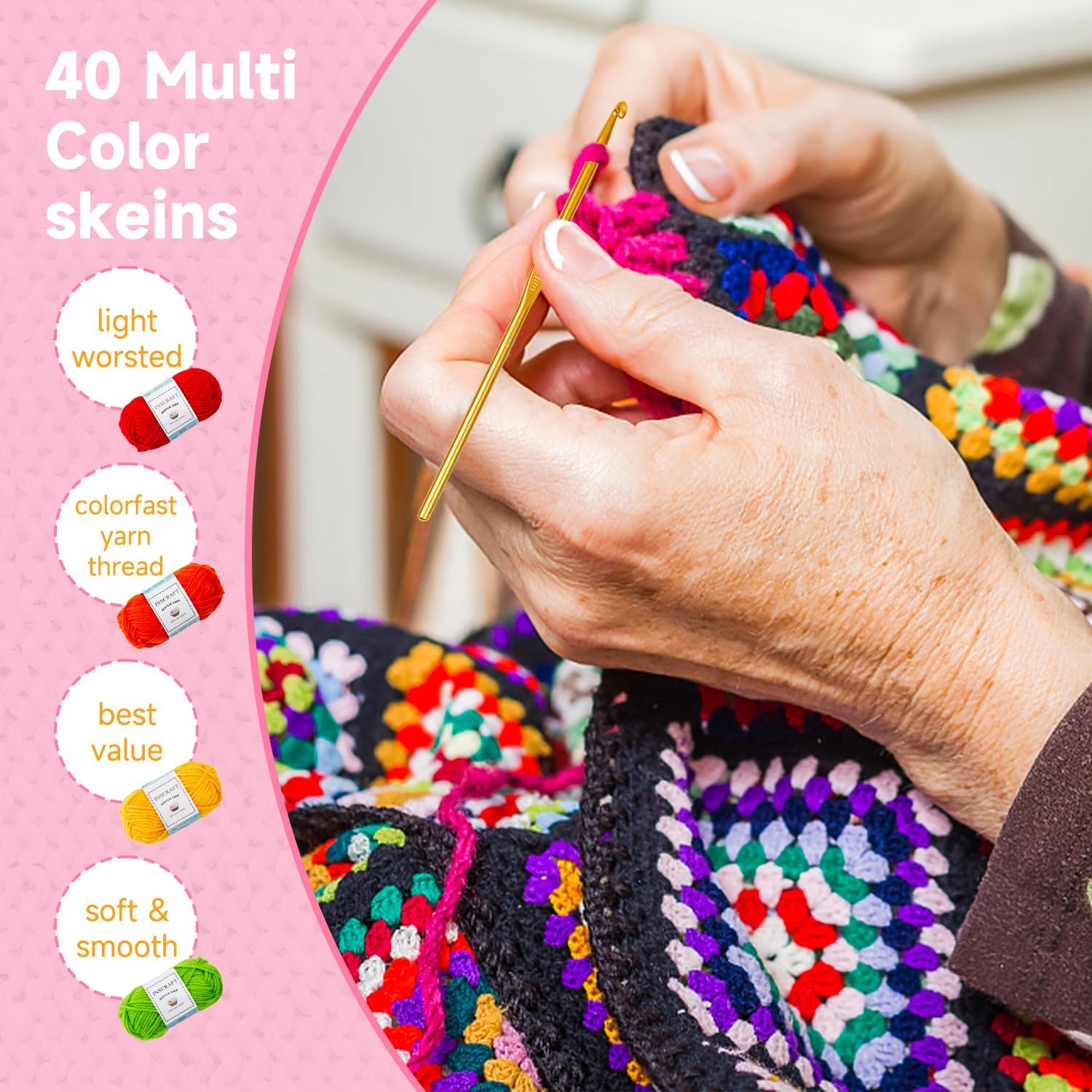 48 PCS Crochet Yarn Kit, 1400 Yards 40 Colors Acrylic Yarn Skeins, 2 Crochet Hooks, 2 Weaving Needles, 4 Stitch