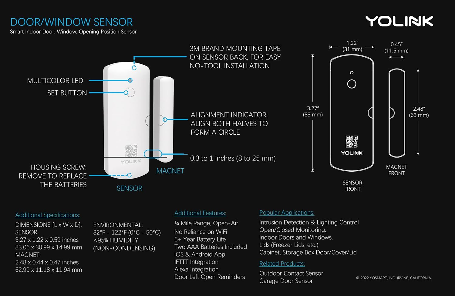 LoRa Smart Door & Window Sensor: Up to 1/4 Mile Open-Air Range, Door Left-Open Reminders, up to 5 Year Battery Life
