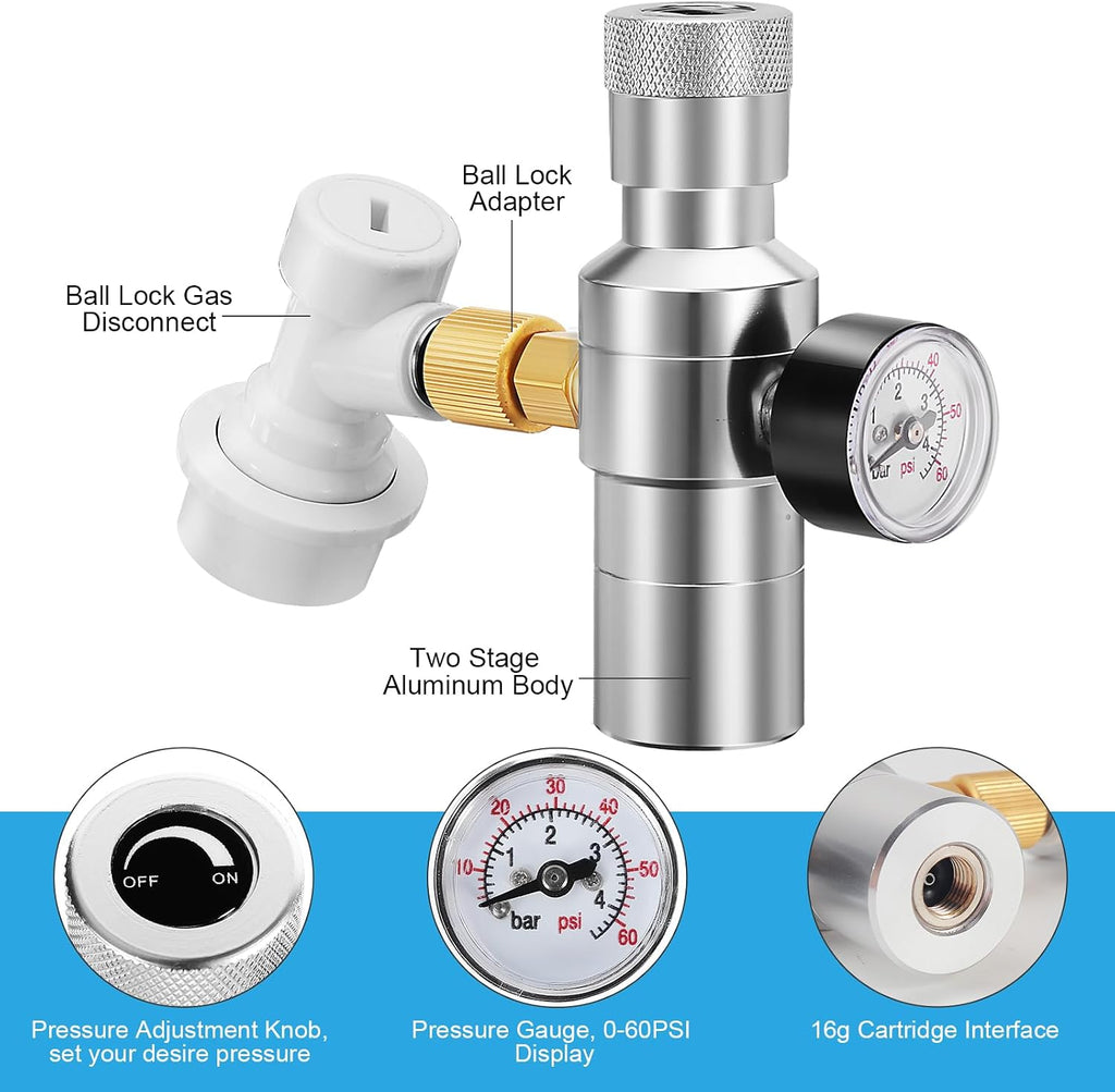 Ball Lock Keg Tap and 0-60PSI Mini Co2 Regulator Set | Stainless Steel Self-Closing Ball Lock Beer Faucet, Mini Beer