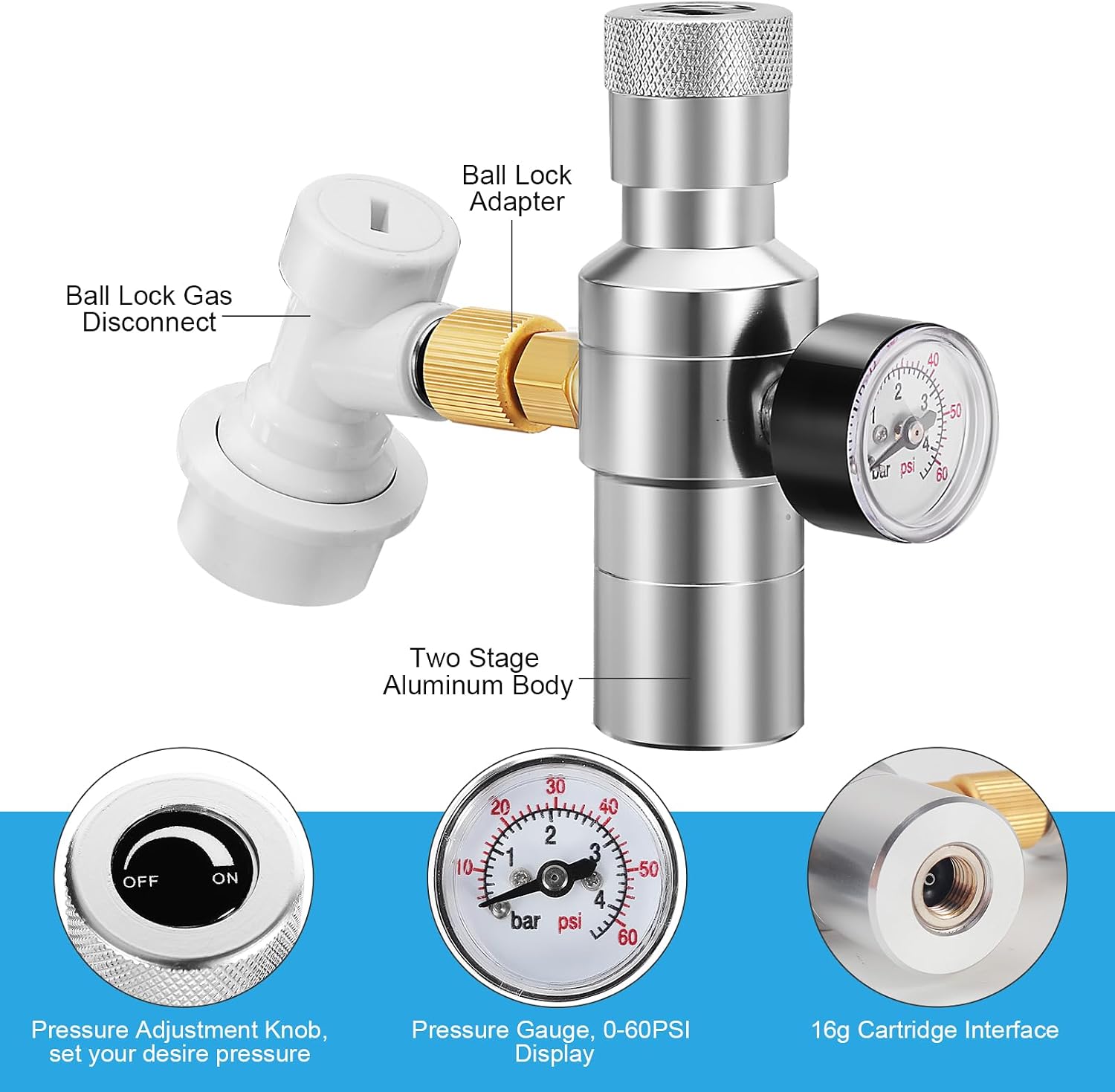 Ball Lock Keg Tap and 0-60PSI Mini Co2 Regulator Set | Stainless Steel Self-Closing Ball Lock Beer Faucet, Mini Beer