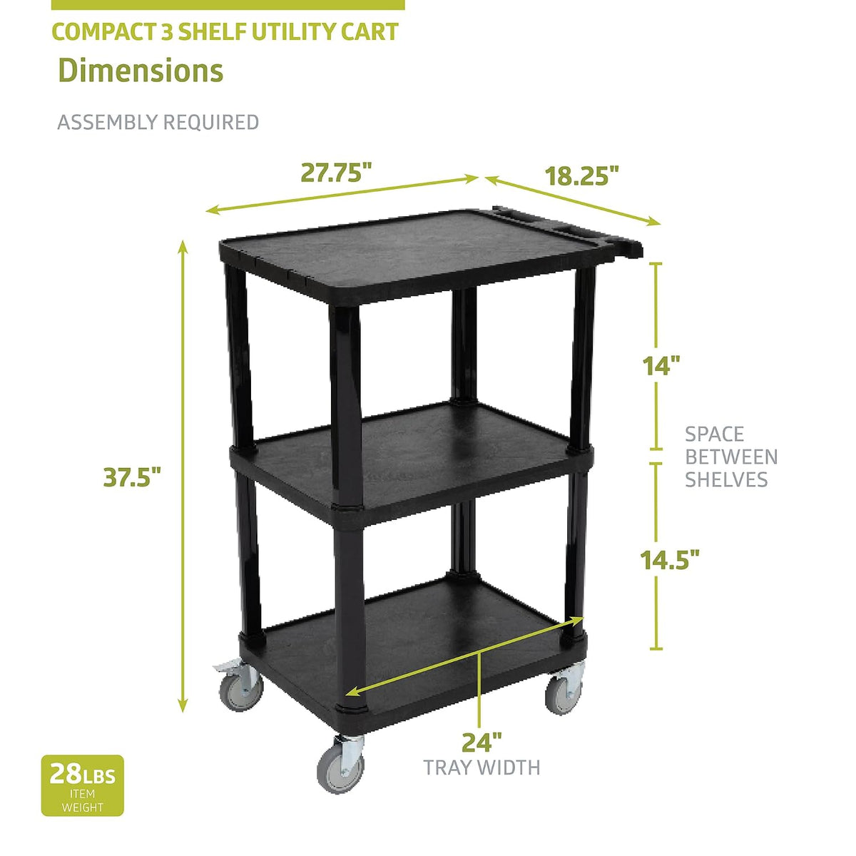3-Tier Compact Multi-Purpose Plastic Utility Cart with Lockable Wheels up to 300LBS, Black