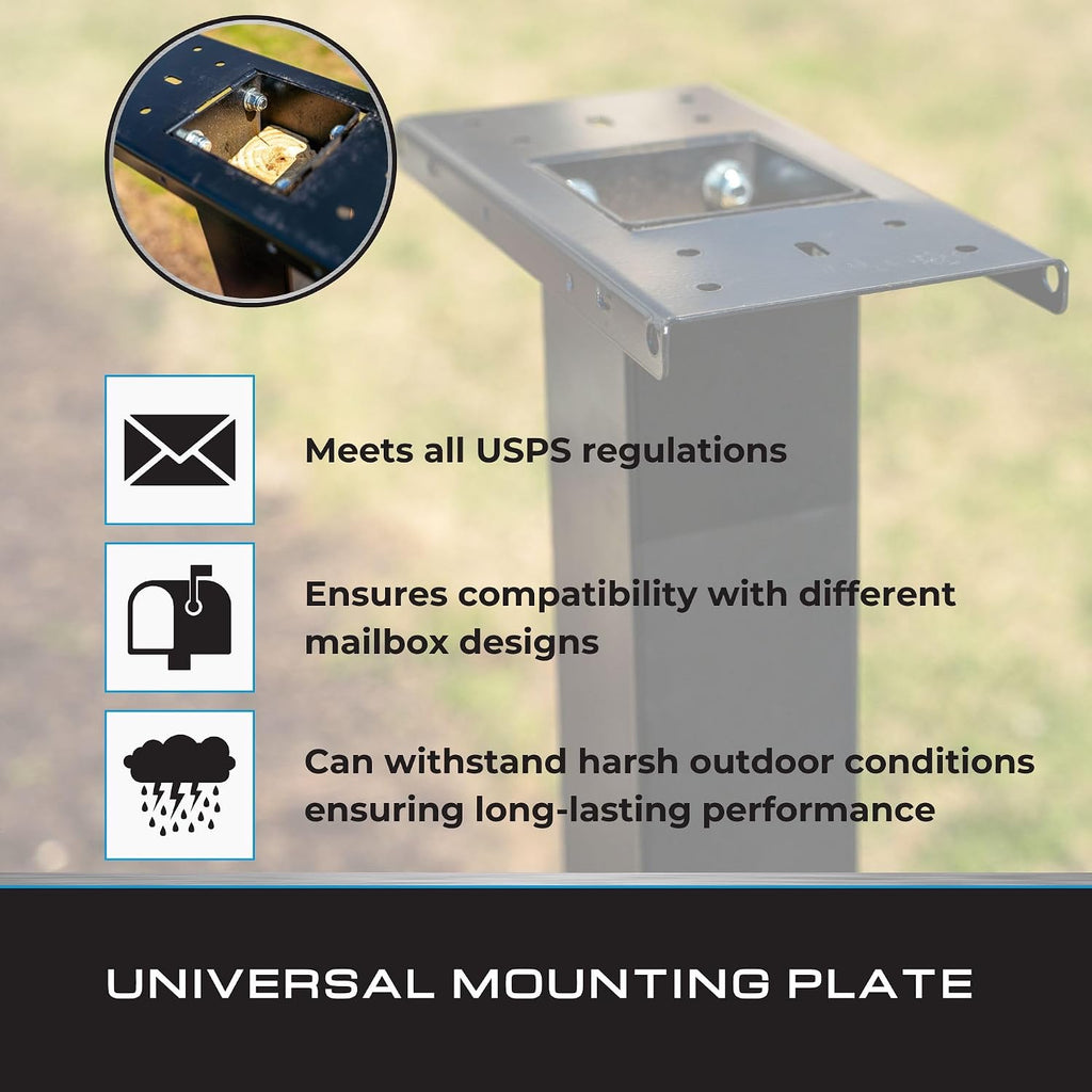 Mailbox Post and Mount | Galvanized Powder-Coated Steel Post and Universal Mounting Plate for Mailbox | Black
