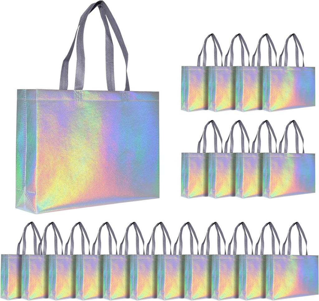 Glossy Iridescent Gift Bags with Handle, Non-woven, Reusable, Sturdy Base, 20-Pack, for Birthday, Wedding, Easter