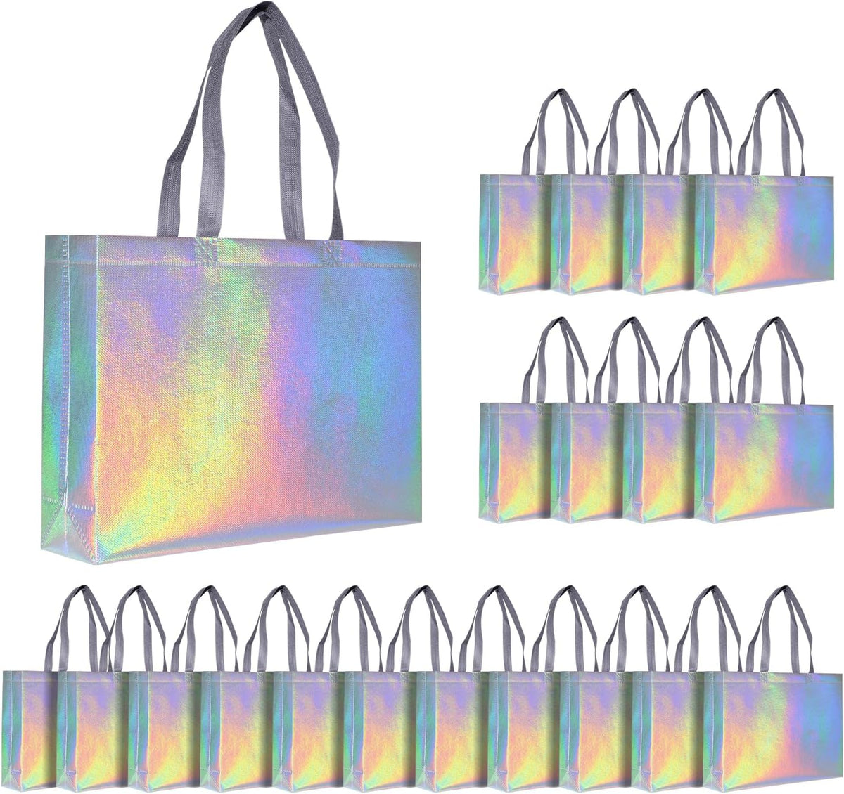 Glossy Iridescent Gift Bags with Handle, Non-woven, Reusable, Sturdy Base, 20-Pack, for Birthday, Wedding, Easter