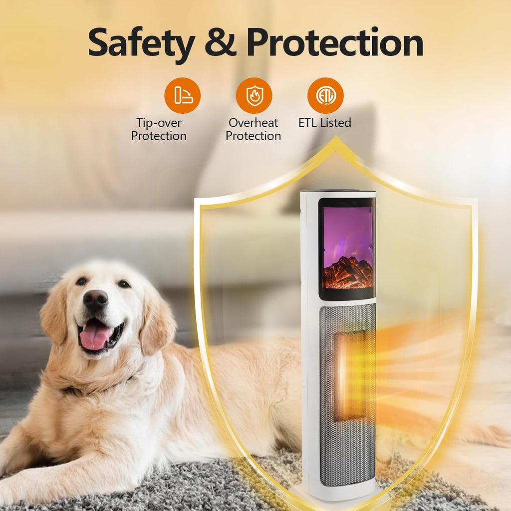 750W/1500W Ceramic Tower Space Heater with 3D Flame, Electric Heater with 65° Oscillation, Adjustable Thermostat and