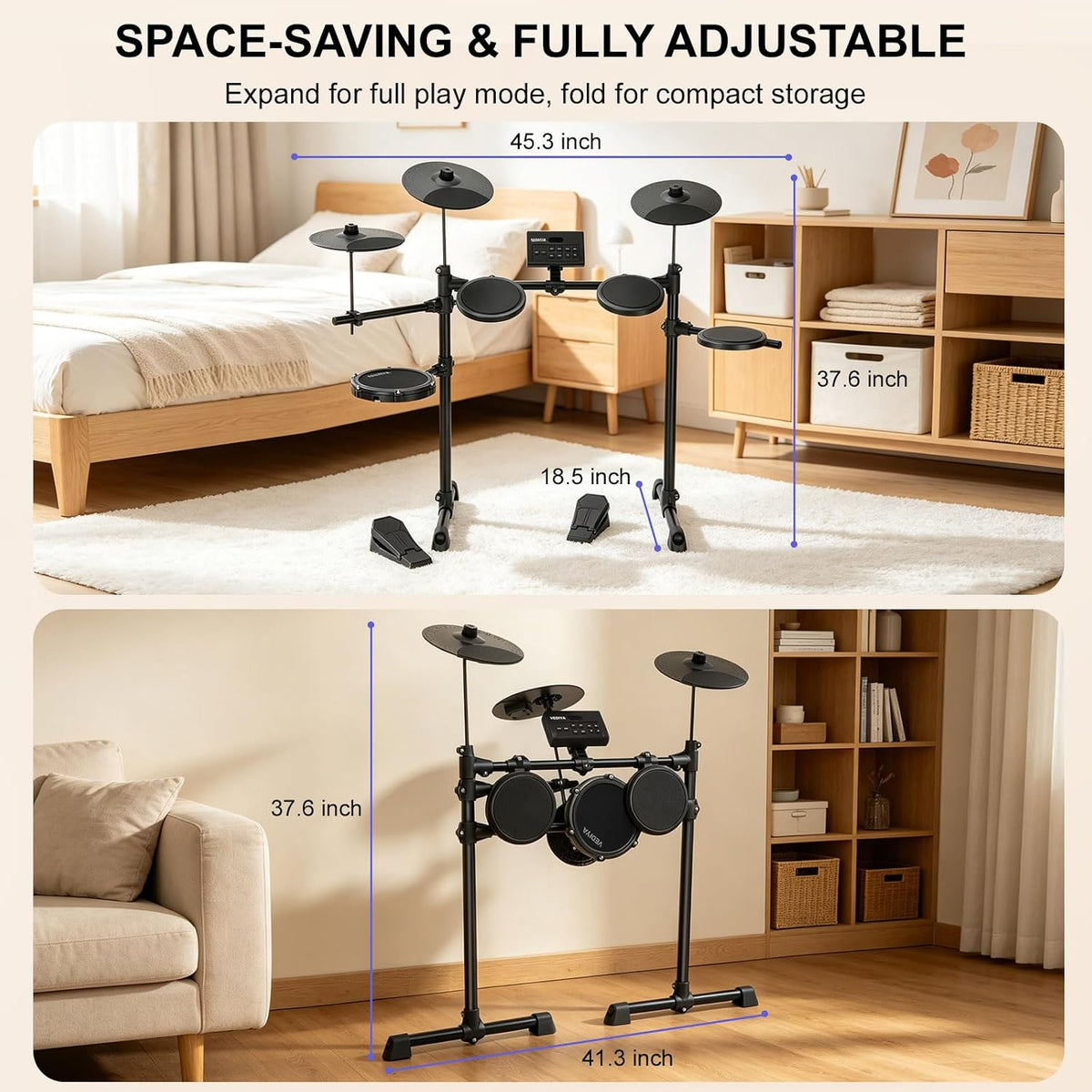 Electric Drum Set for Beginners, All in One, Quiet Mesh Snare Pad Electronic Drum Kit, Silent Drum Pads, 3 Cymbals, 2