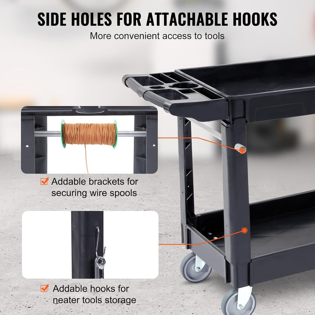 Utility Service Cart, 2 Shelf 550LBS Heavy Duty Plastic Rolling Utility Cart, Medium Lipped Shelf, 360° Swivel