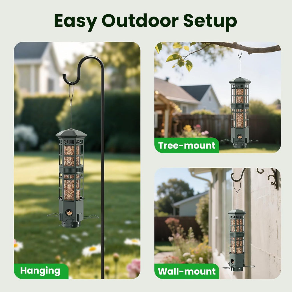 Squirrel Proof Bird Feeder, Chew-Resistant Metal Hanging Bird Feeder for Outdoors Gravity Spring Mechanism, 3 Feeding