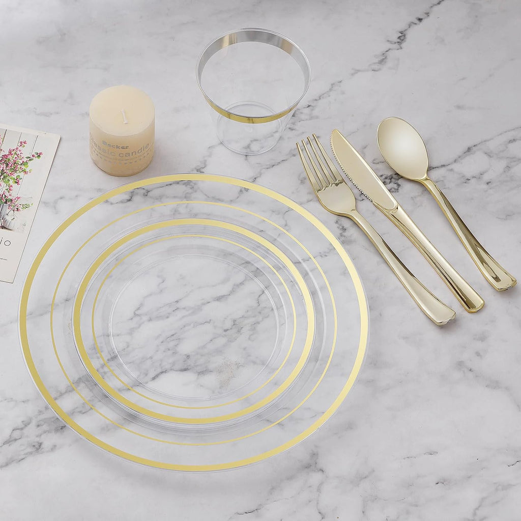 200PCS Clear Gold Plastic Plate, Disposable Party Plates