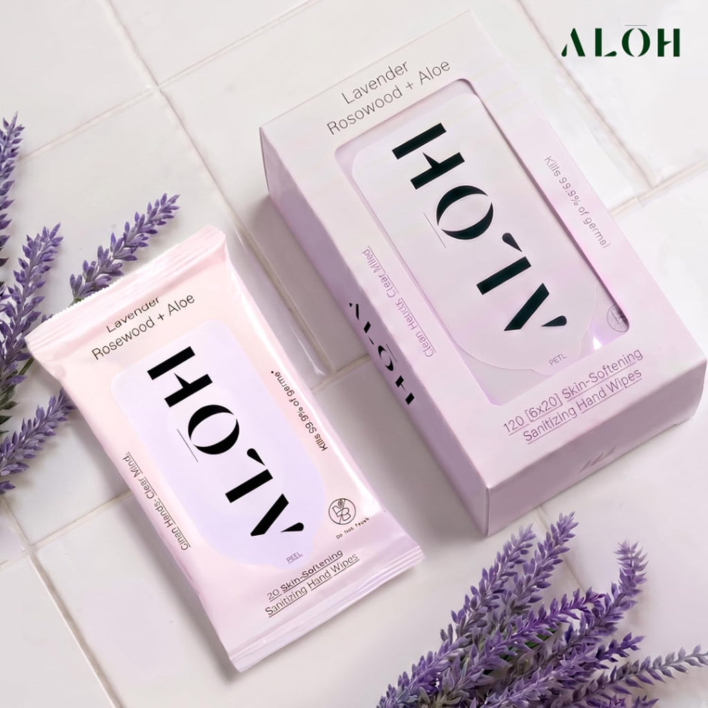 ALŌH Lavender Rosewood + Aloe Hand Sanitizer Wipes, Travel Size | Clean Hands, Clear Mind, On The Go for Kids and