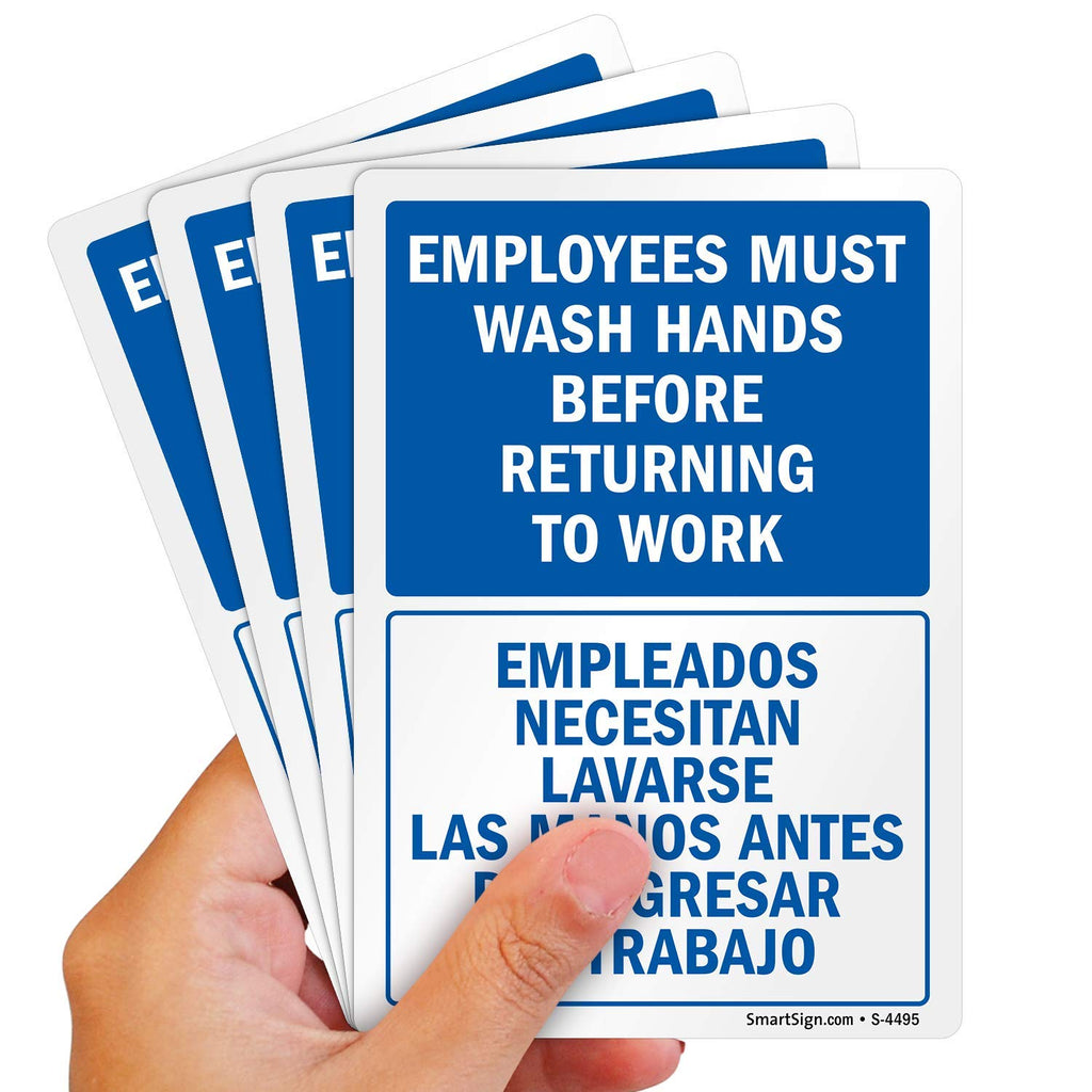 “Employees Must Wash Hands Before Returning to Work" Bilingual Hand Washing Label | 3.5" x 5" Laminated Vinyl