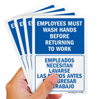 “Employees Must Wash Hands Before Returning to Work" Bilingual Hand Washing Label | 3.5" x 5" Laminated Vinyl