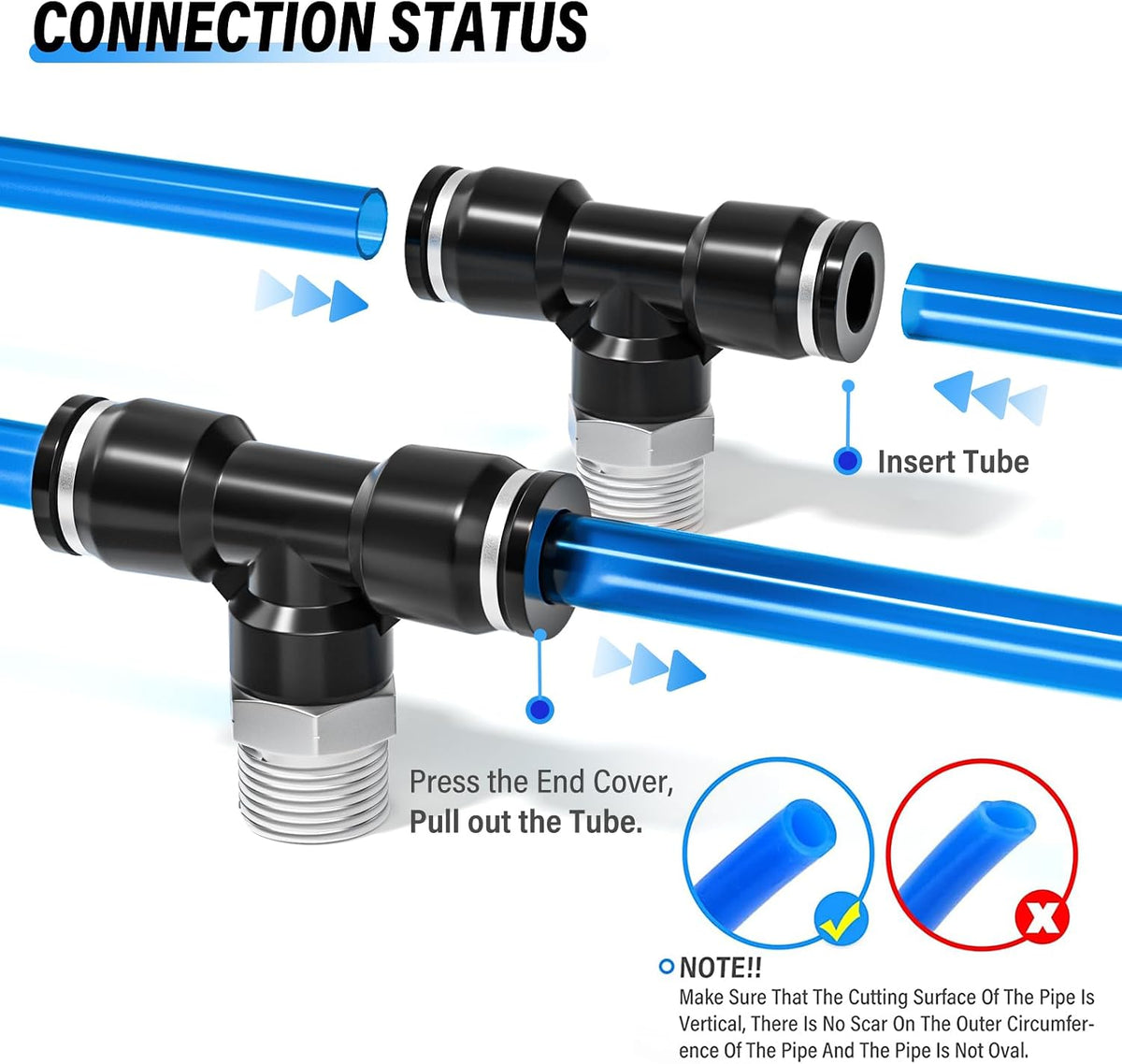 TAILONZ 1/4" OD x 1/8" MNPT Push to Connect Branch Tee Fitting 10Pcs