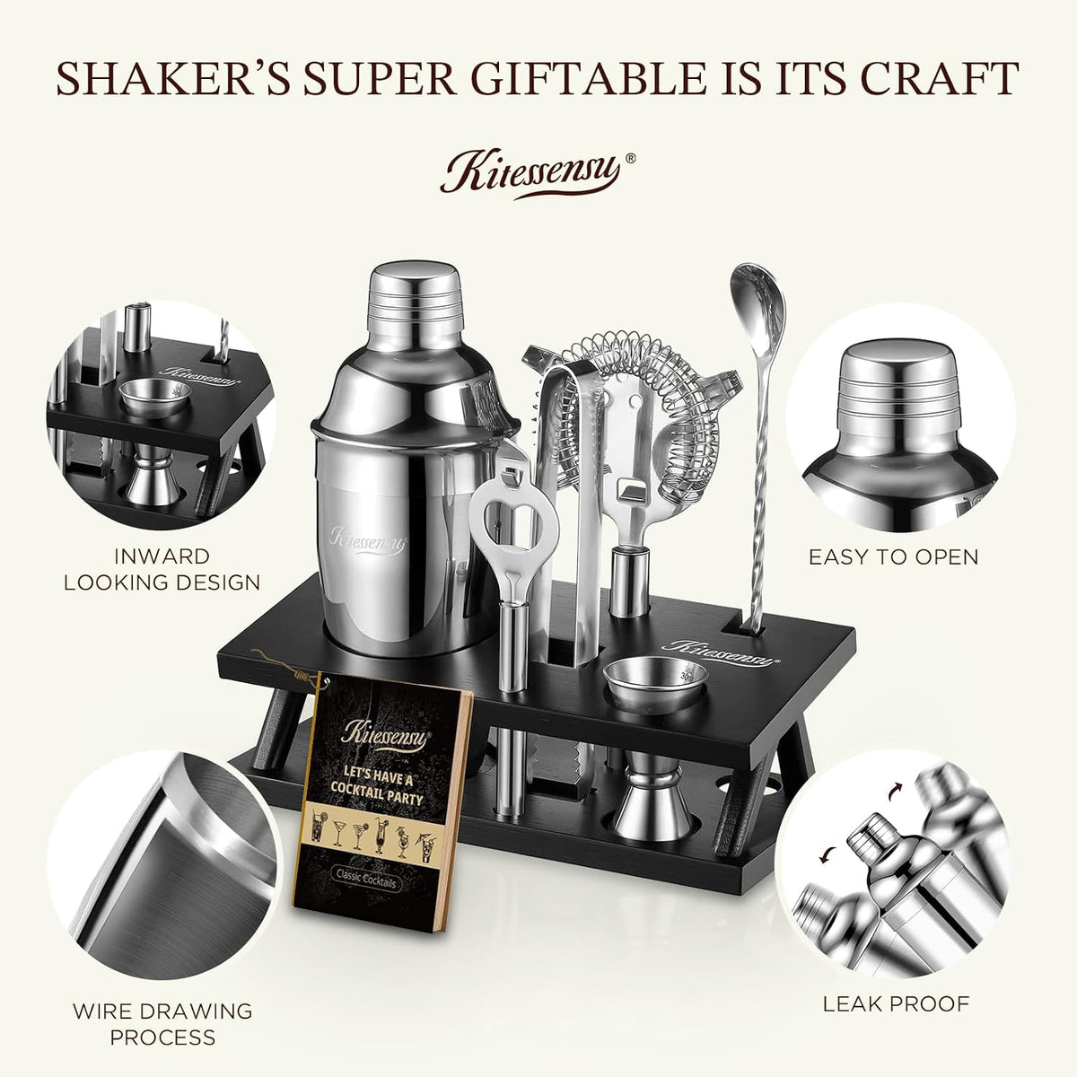 Cocktail Shaker Set Bartender Kit, 6-Piece Silver Bar Set with Stand, Bar kit with Essential Bar Accessory Tools: