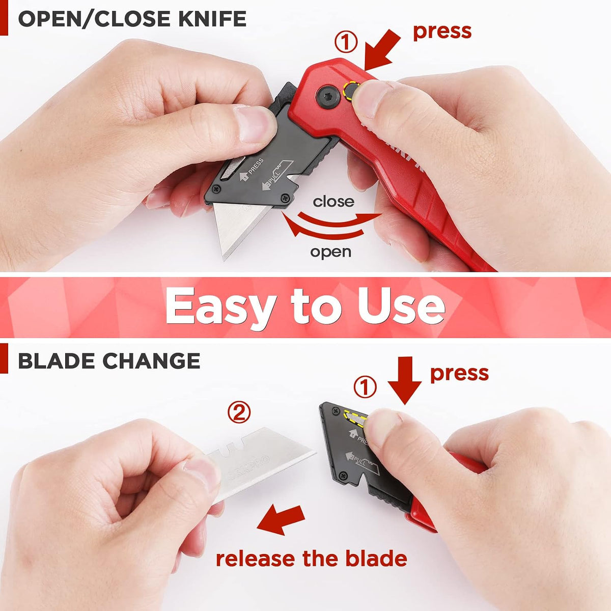 Folding Utility Knife, Quick Change Box Cutter, Red